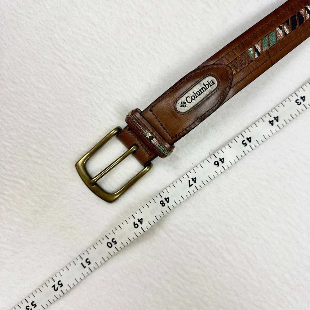 Columbia Brown Leather Belt Aztec Woven Tapestry Brass Buckle 44 L Gorpcore